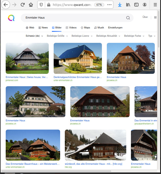 Ergebnisse der Bildersuche der Suchmaschine Qwant nach Emmentaler Haus (Ausriß)