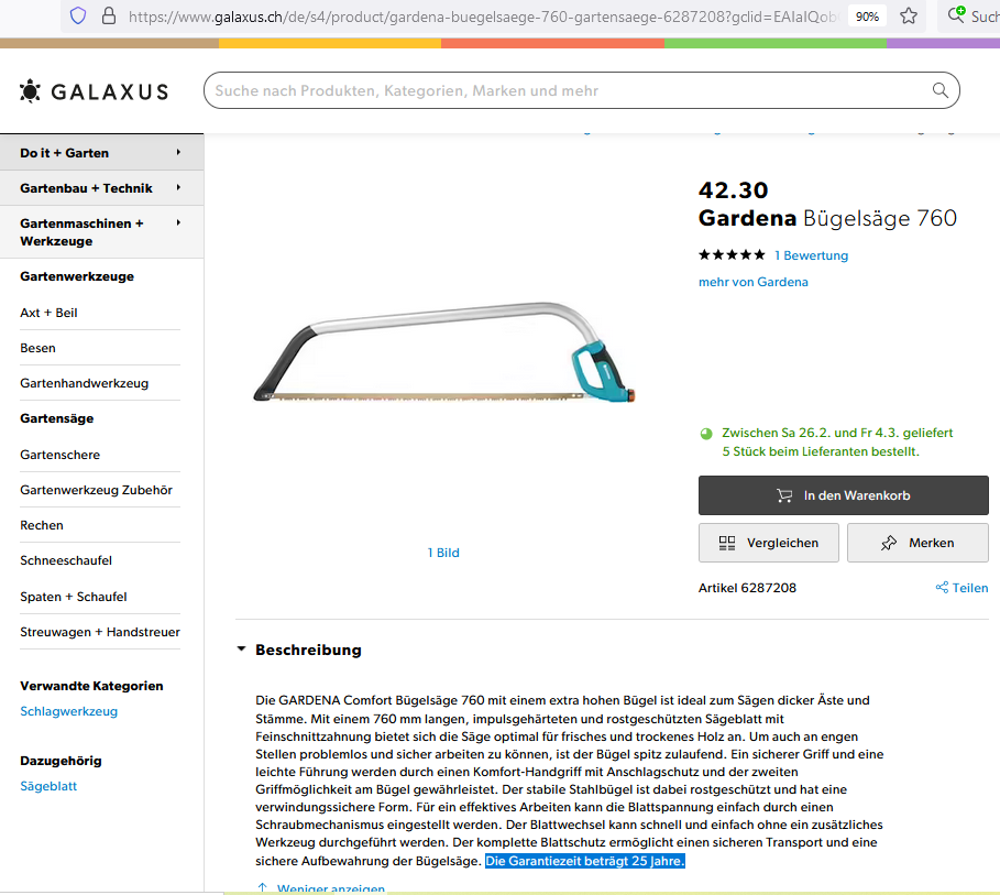 Gardena-Bügelsäge in hoffentlich besserer Qualität, was bei einem Vierteljahrhundert Garantie wohl der Fall sein dürfte (Bildschirmfotoausriß: Galaxus.ch)